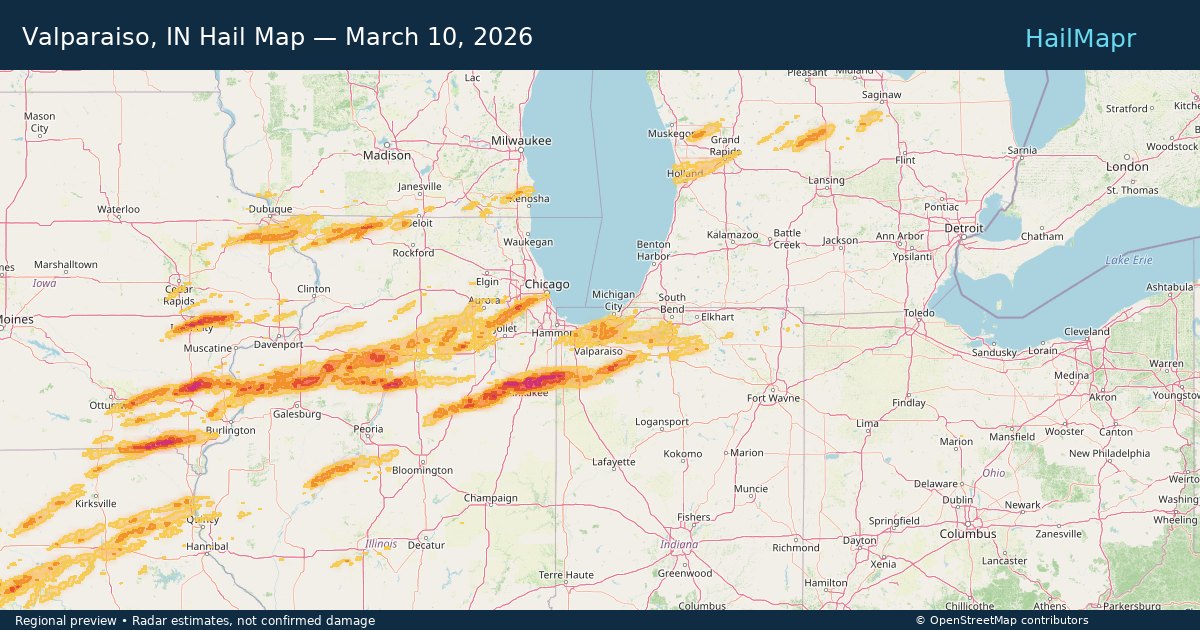 Valparaiso, IN Hail Map — March 10, 2026 — regional heatmap and storm polygons