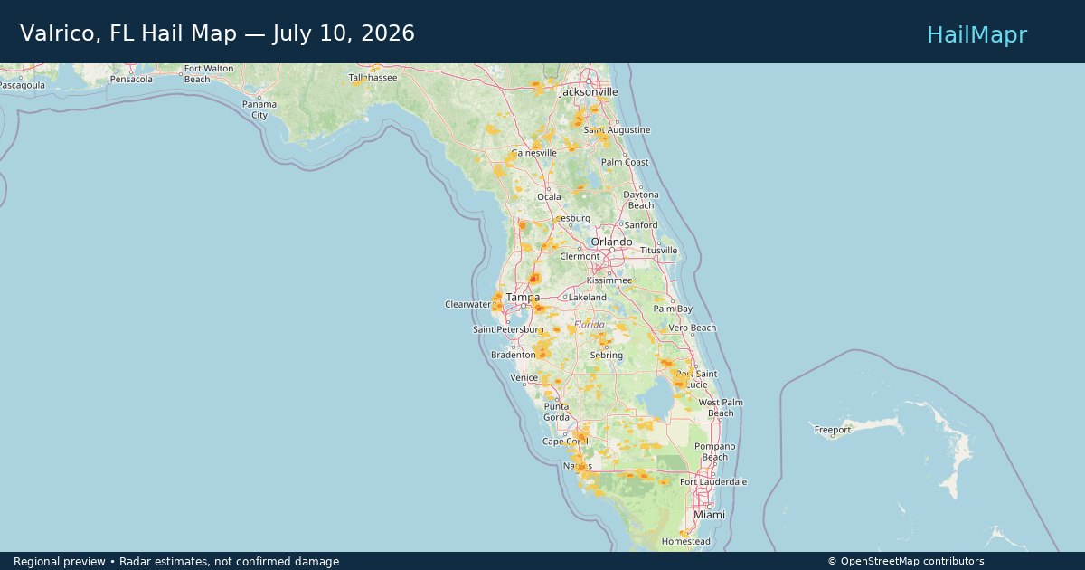 Valrico, FL Hail Map — July 10, 2026 — regional heatmap and storm polygons