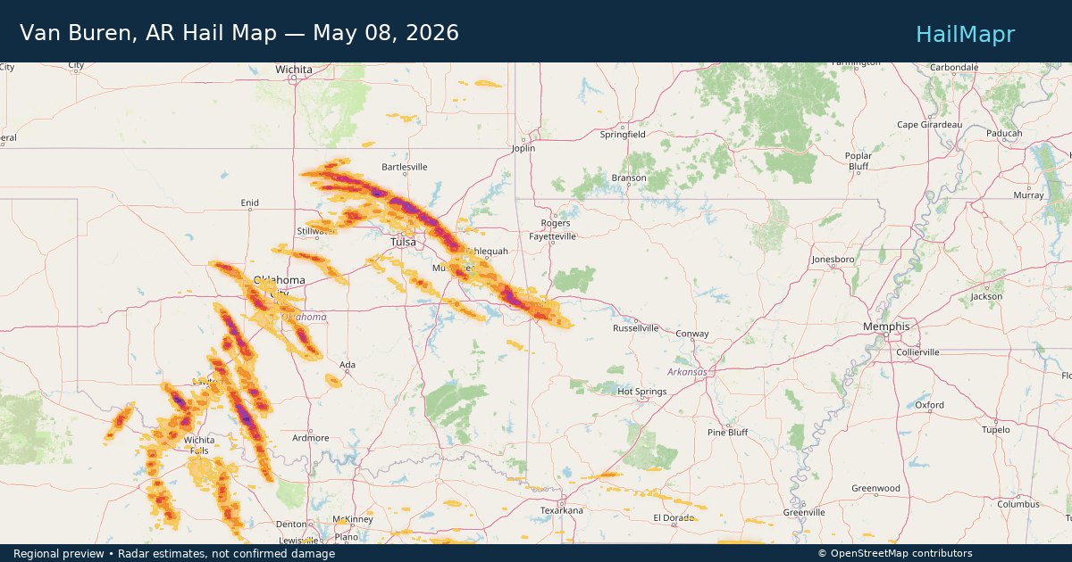 Van Buren, AR Hail Map — May 08, 2026 — regional heatmap and storm polygons