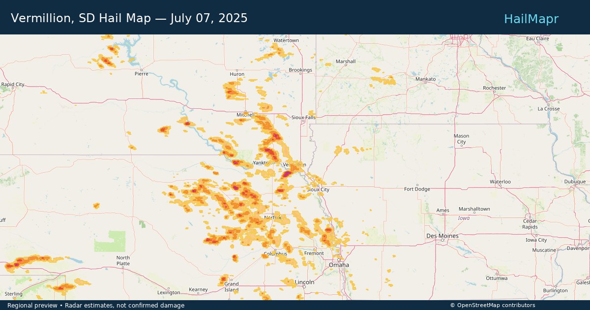Vermillion, SD — July 07, 2025 — regional hail footprint preview