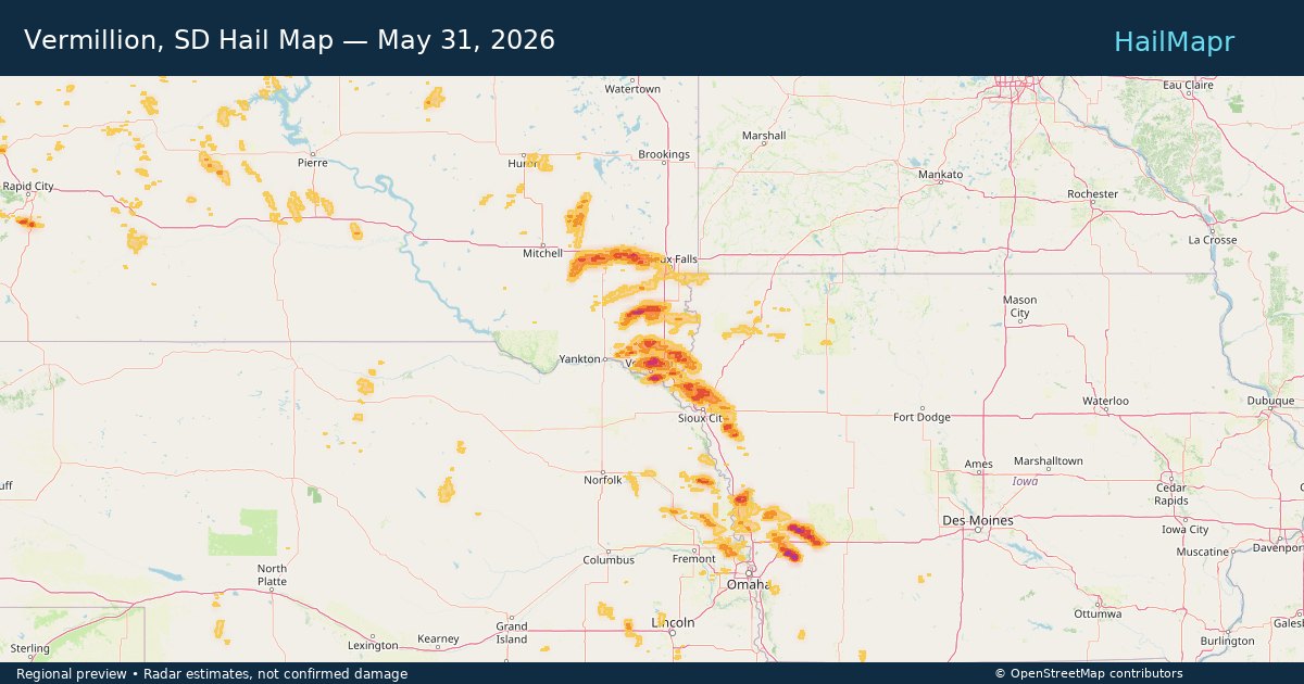 Vermillion, SD Hail Map — May 31, 2026 — regional heatmap and storm polygons