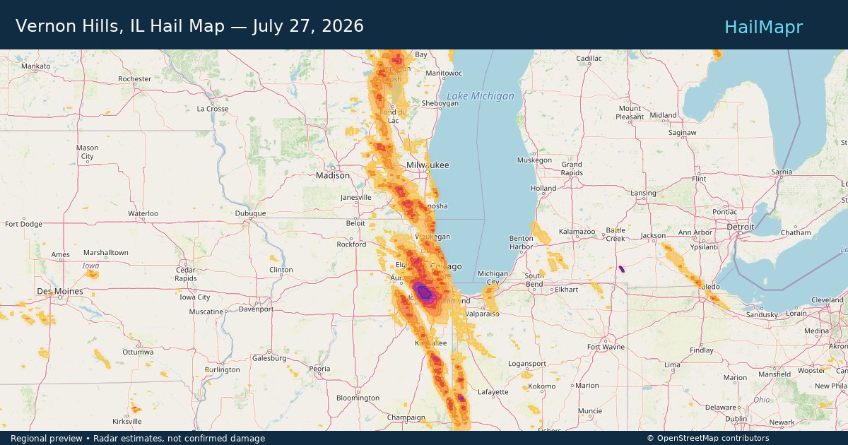 Vernon Hills, IL Hail Map — July 27, 2026 — regional heatmap and storm polygons