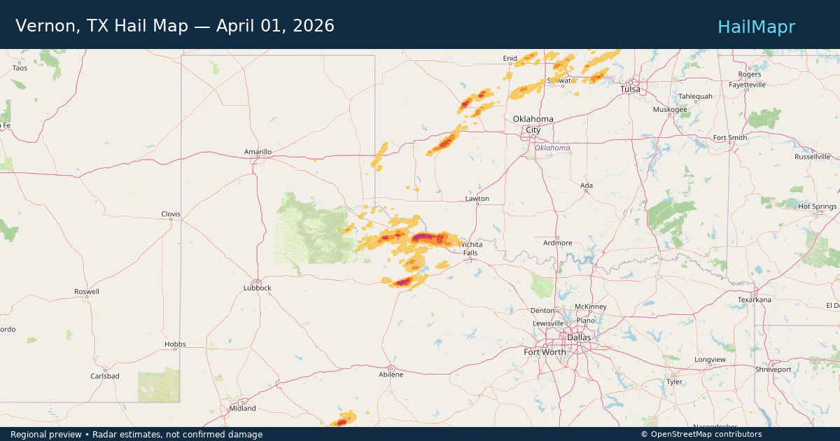 Vernon, TX Hail Map — April 01, 2026 — regional heatmap and storm polygons