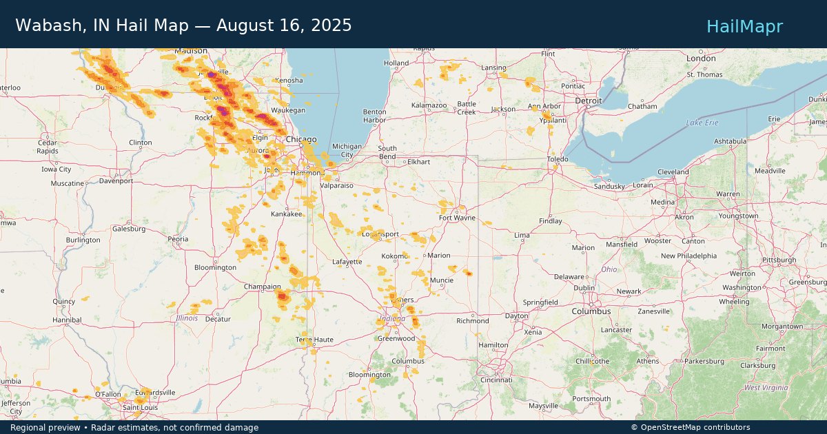 Wabash, IN Hail Map — August 16, 2025 — regional heatmap and storm polygons
