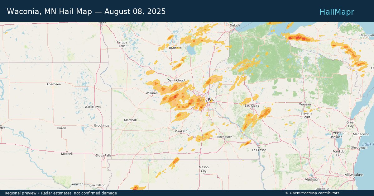Waconia, MN Hail Map — August 08, 2025 — regional heatmap and storm polygons