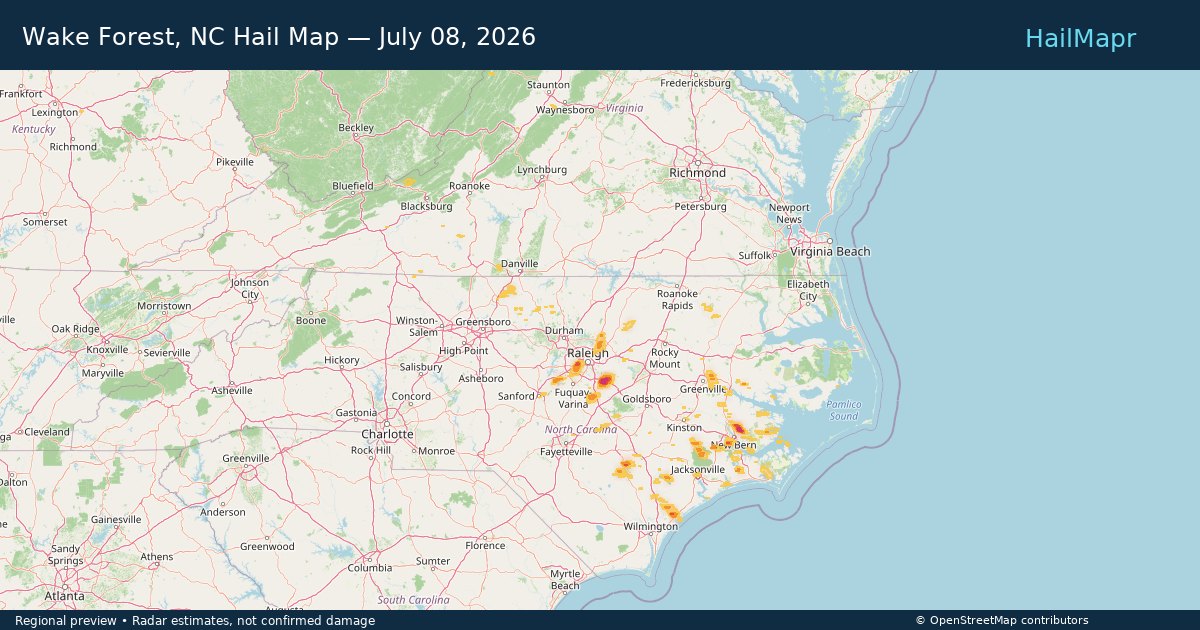 Wake Forest, NC Hail Map — July 08, 2026 — regional heatmap and storm polygons
