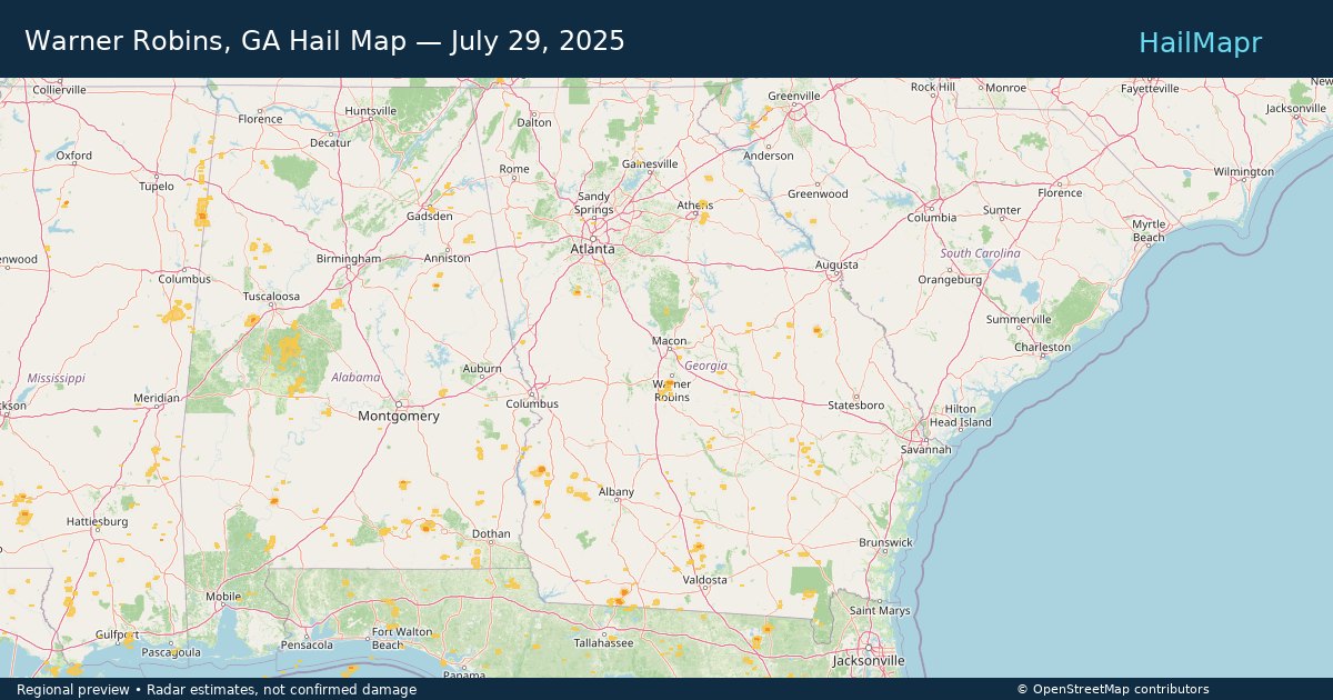 Warner Robins, GA Hail Map — July 29, 2025 — regional heatmap and storm polygons