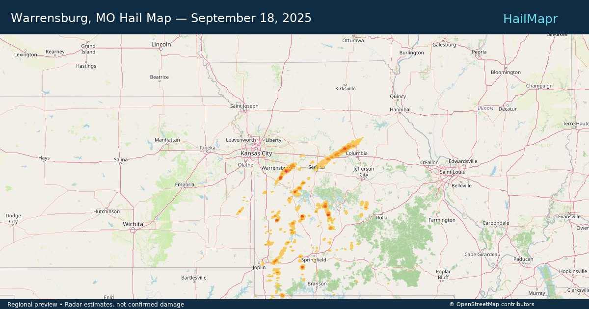 Warrensburg, MO Hail Map — September 18, 2025 — regional heatmap and storm polygons
