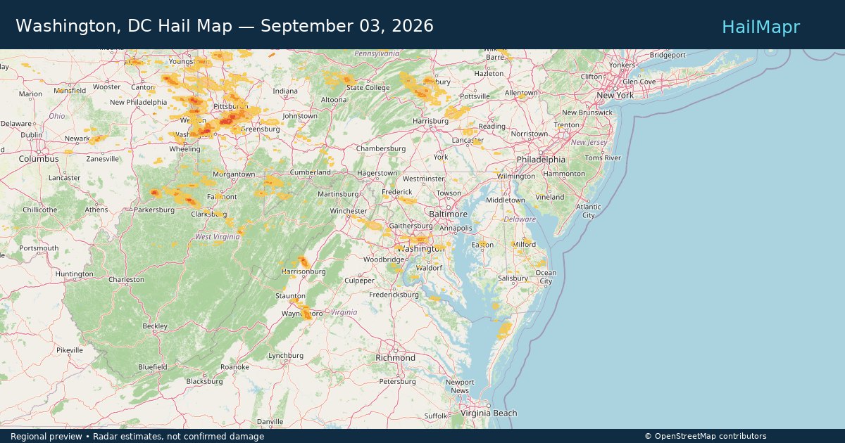 Washington, DC Hail Map — September 03, 2026 — regional heatmap and storm polygons
