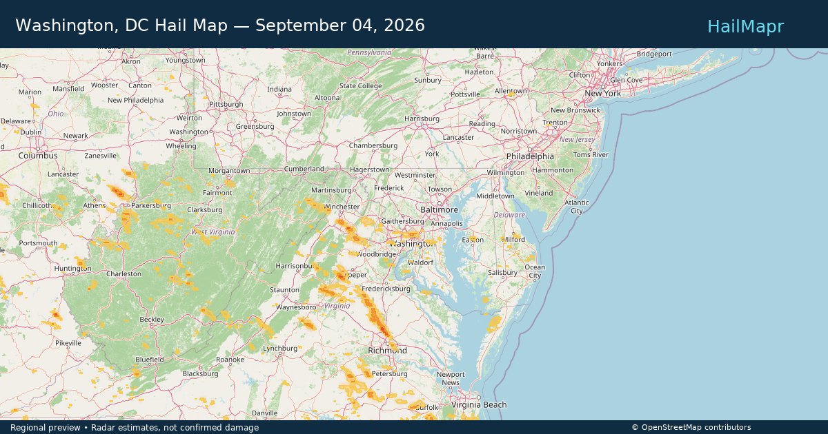Washington, DC Hail Map — September 04, 2026 — regional heatmap and storm polygons