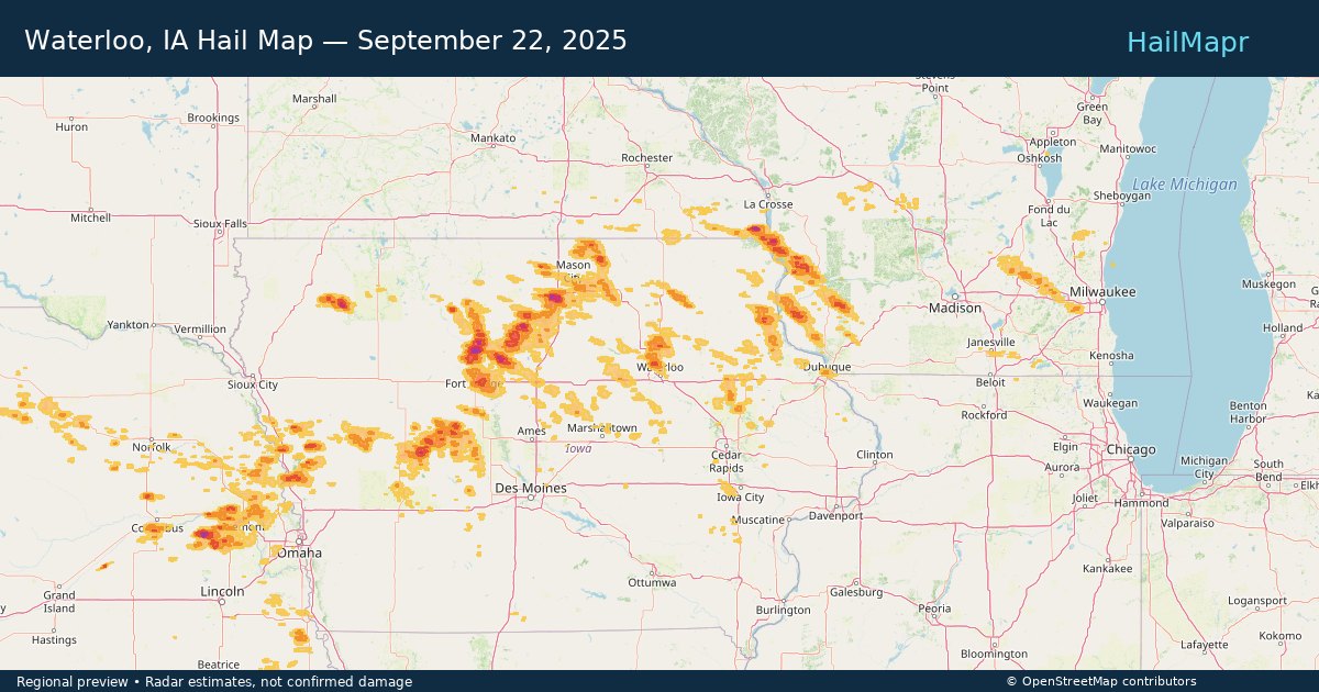 Waterloo, IA Hail Map — September 22, 2025 — regional heatmap and storm polygons