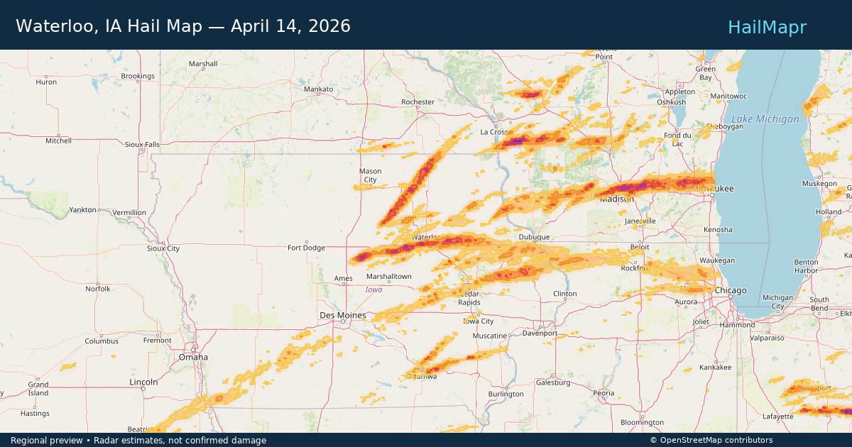 Waterloo, IA Hail Map — April 14, 2026 — regional heatmap and storm polygons