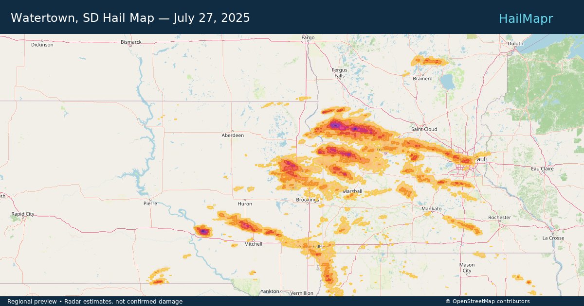 Watertown, SD Hail Map — July 27, 2025 — regional heatmap and storm polygons