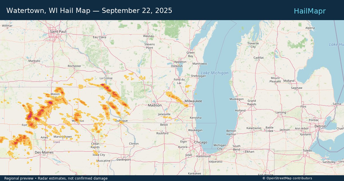 Watertown, WI Hail Map — September 22, 2025 — regional heatmap and storm polygons