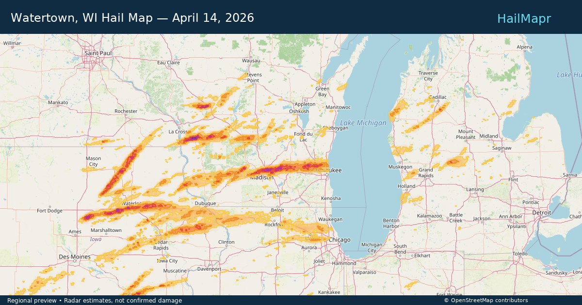 Watertown, WI Hail Map — April 14, 2026 — regional heatmap and storm polygons