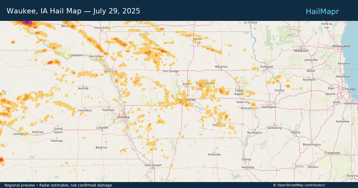 Waukee, IA Hail Map — July 29, 2025 — regional heatmap and storm polygons