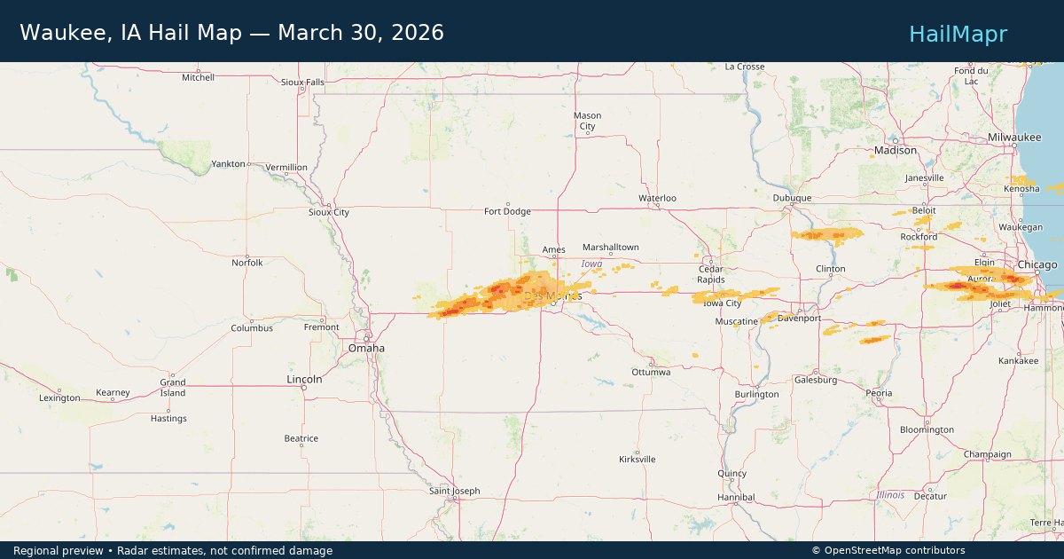 Waukee, IA — March 30, 2026 — regional hail footprint preview