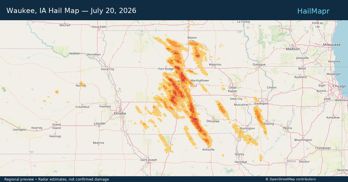 Waukee, IA Hail Map — July 20, 2026 — regional heatmap and storm polygons
