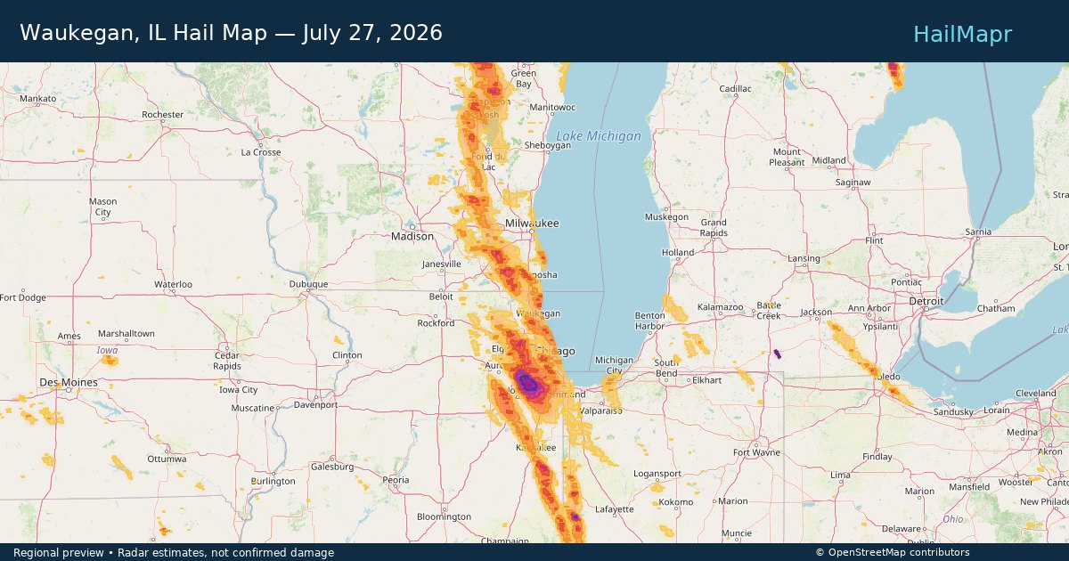 Waukegan, IL Hail Map — July 27, 2026 — regional heatmap and storm polygons