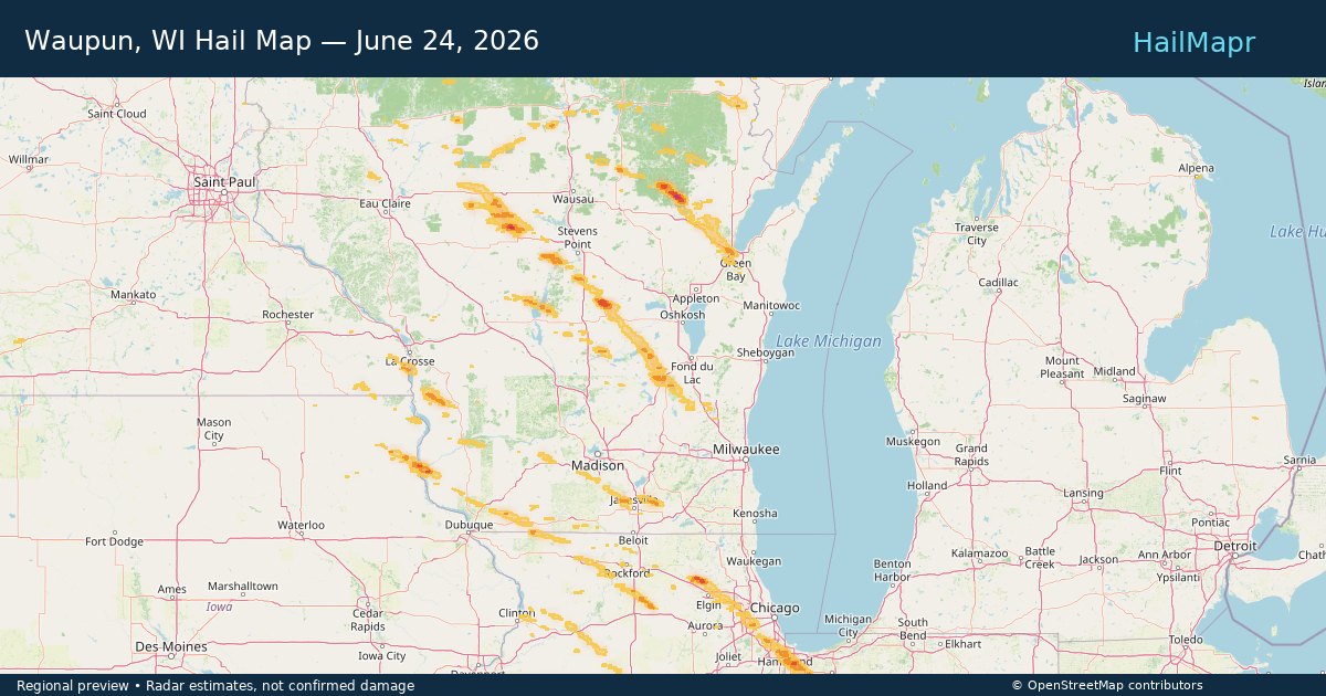 Waupun, WI Hail Map — June 24, 2026 — regional heatmap and storm polygons