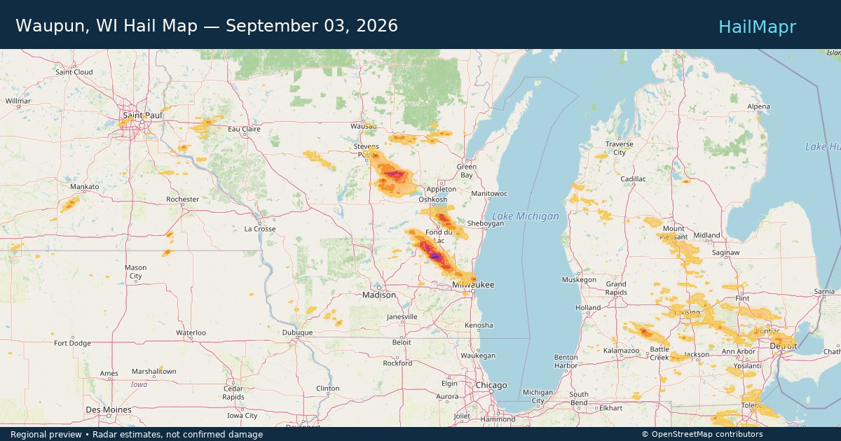 Waupun, WI Hail Map — September 03, 2026 — regional heatmap and storm polygons