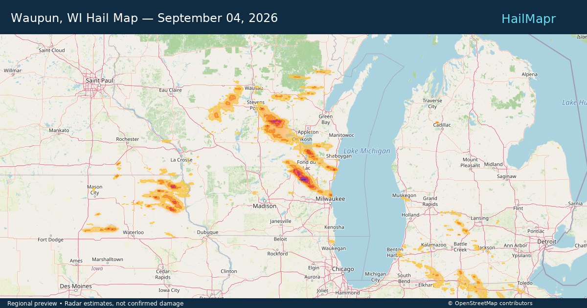 Waupun, WI Hail Map — September 04, 2026 — regional heatmap and storm polygons