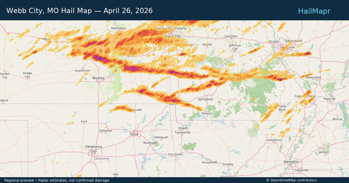 Webb City, MO Hail Map — April 26, 2026 — regional heatmap and storm polygons