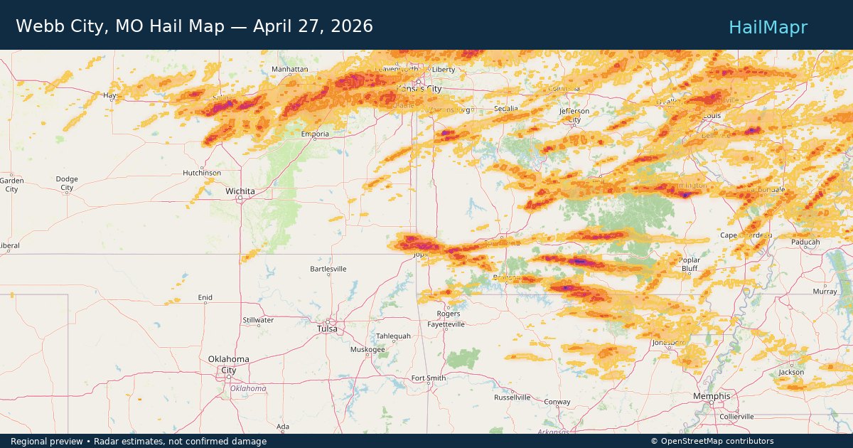 Webb City, MO — April 27, 2026 — regional hail footprint preview