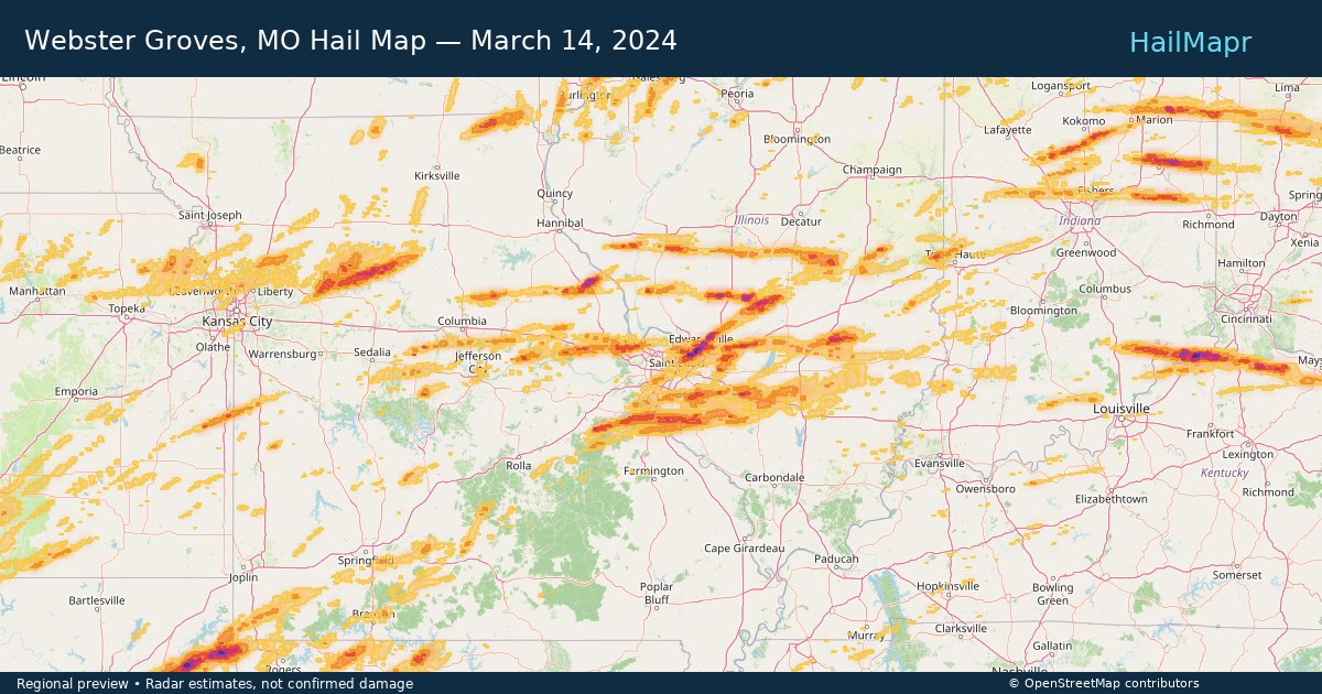 Webster Groves, MO Hail Map — March 14, 2024 — regional heatmap and storm polygons