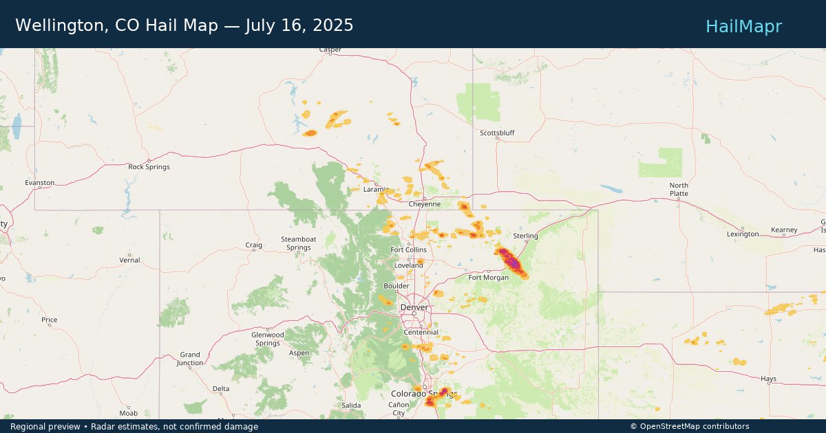 Wellington, CO Hail Map — July 16, 2025 — regional heatmap and storm polygons