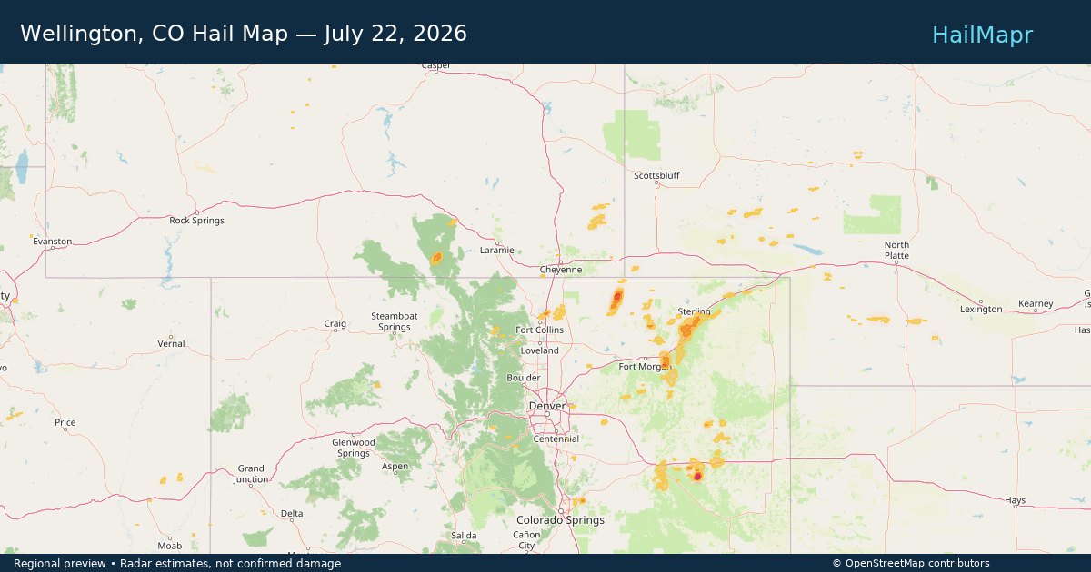 Wellington, CO — July 22, 2026 — regional hail footprint preview