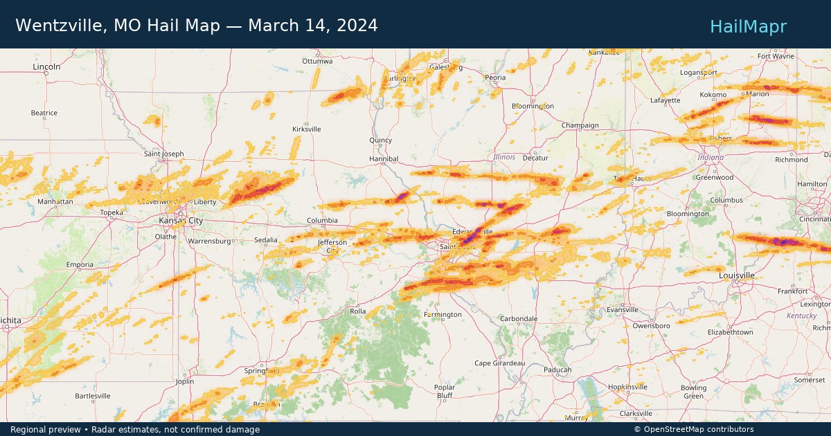 Wentzville, MO Hail Map — March 14, 2024 — regional heatmap and storm polygons