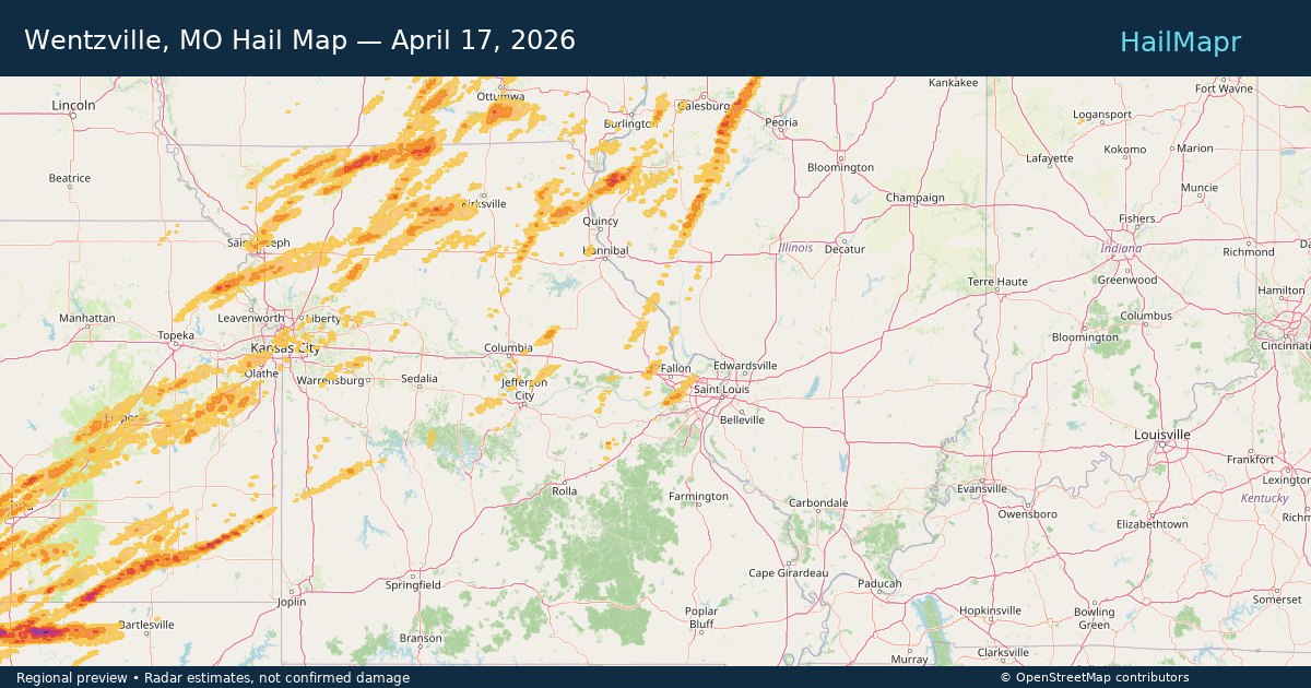 Wentzville, MO Hail Map — April 17, 2026 — regional heatmap and storm polygons