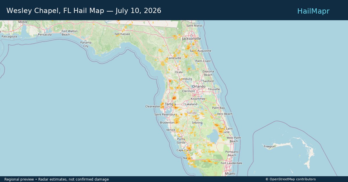 Wesley Chapel, FL Hail Map — July 10, 2026 — regional heatmap and storm polygons
