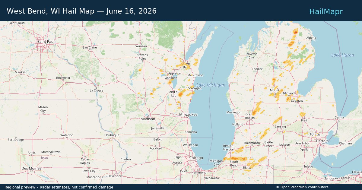 West Bend, WI Hail Map — June 16, 2026 — regional heatmap and storm polygons