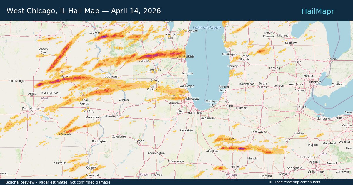 West Chicago, IL Hail Map — April 14, 2026 — regional heatmap and storm polygons