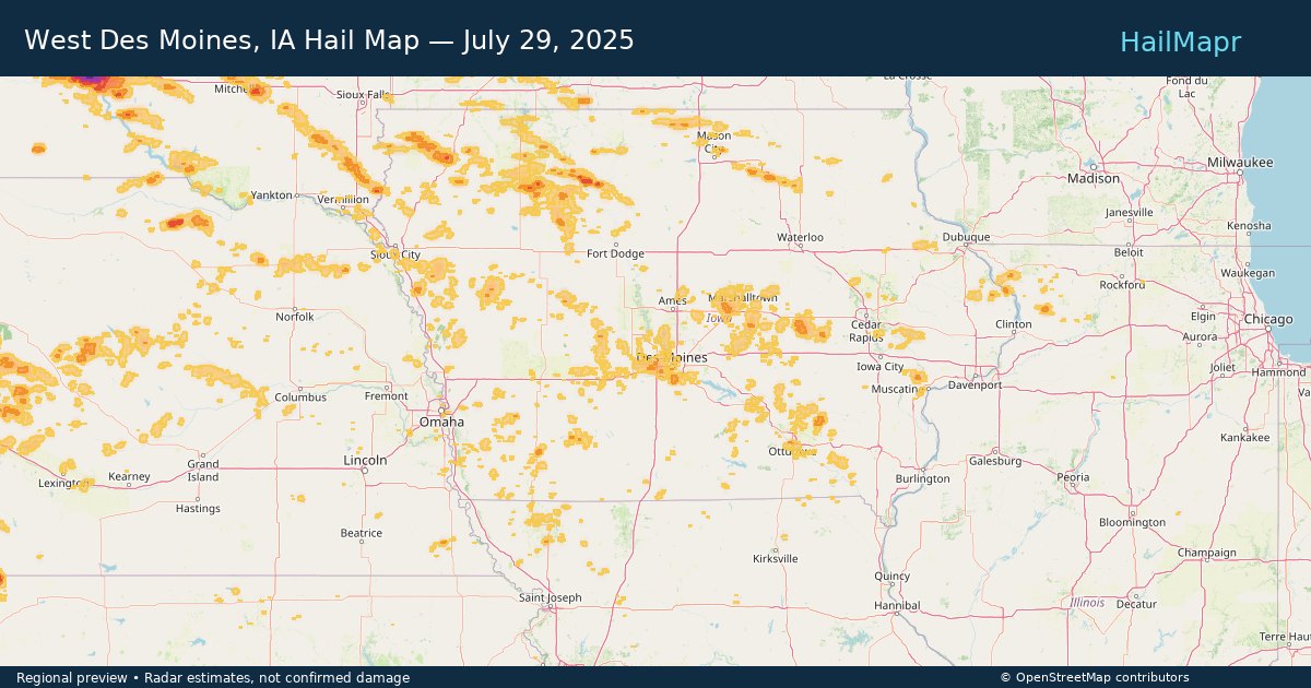 West Des Moines, IA Hail Map — July 29, 2025 — regional heatmap and storm polygons