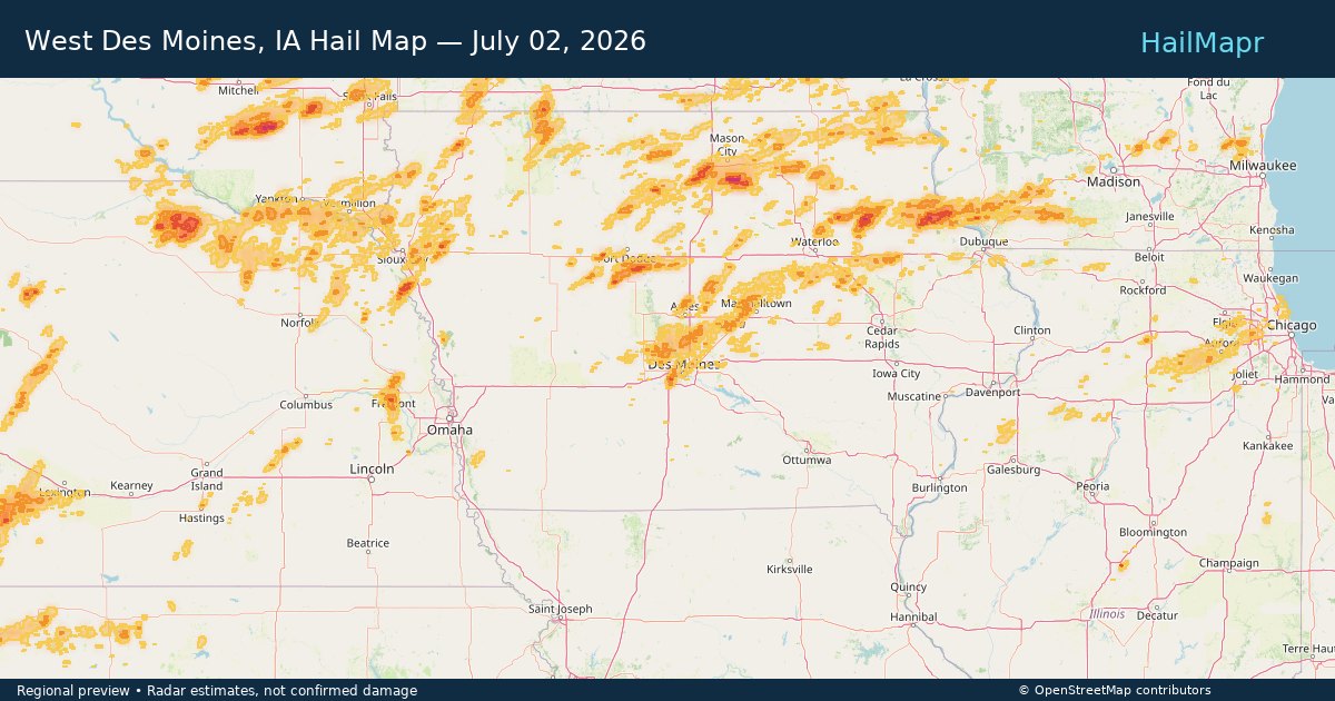 West Des Moines, IA Hail Map — July 02, 2026 — regional heatmap and storm polygons