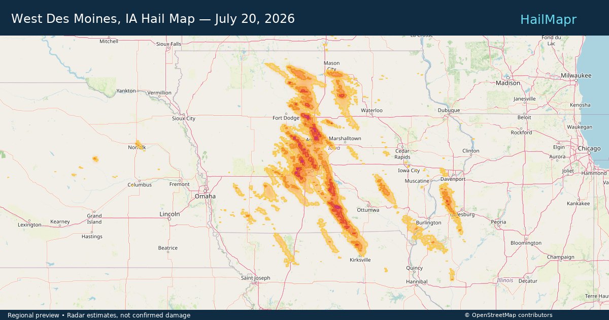 West Des Moines, IA — July 20, 2026 — regional hail footprint preview
