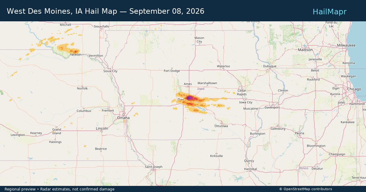 West Des Moines, IA Hail Map — September 08, 2026 — regional heatmap and storm polygons