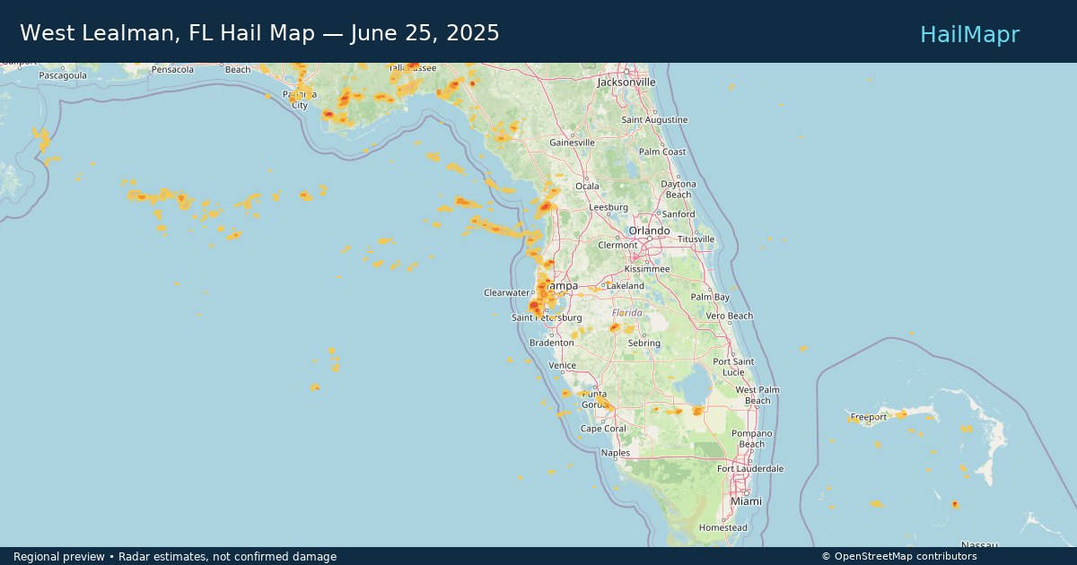 West Lealman, FL Hail Map — June 25, 2025 — regional heatmap and storm polygons