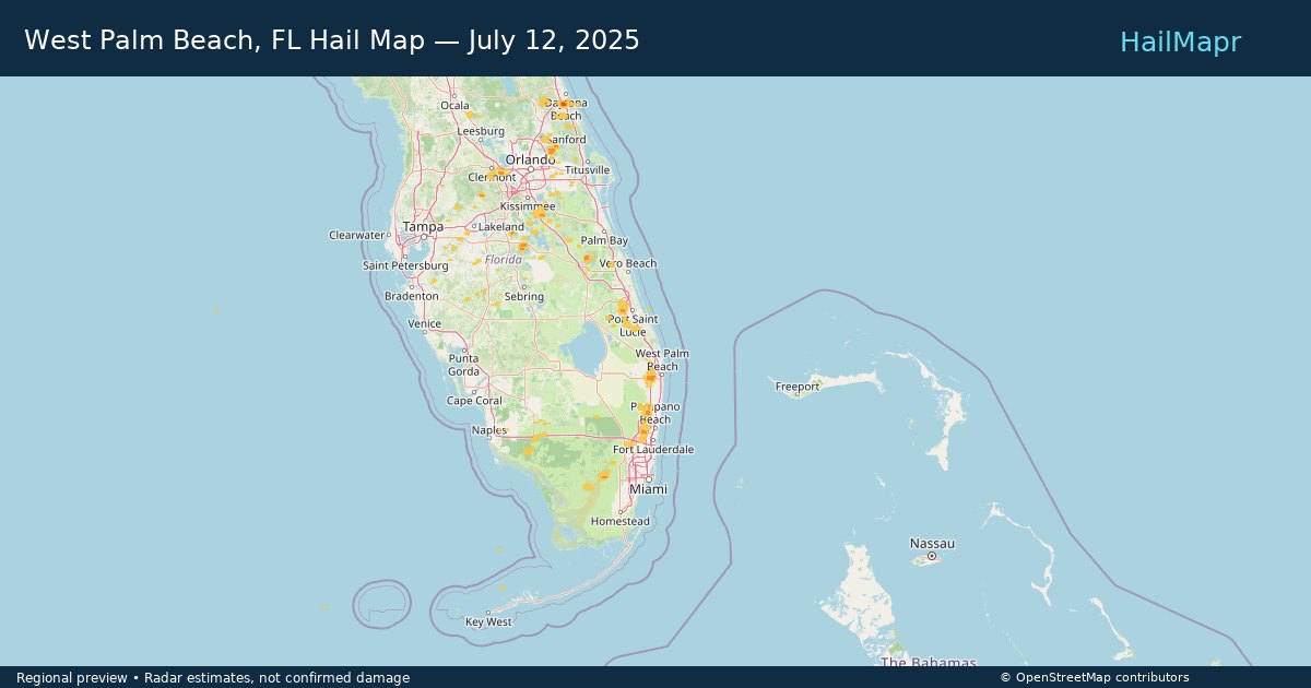 West Palm Beach, FL — July 12, 2025 — regional hail footprint preview