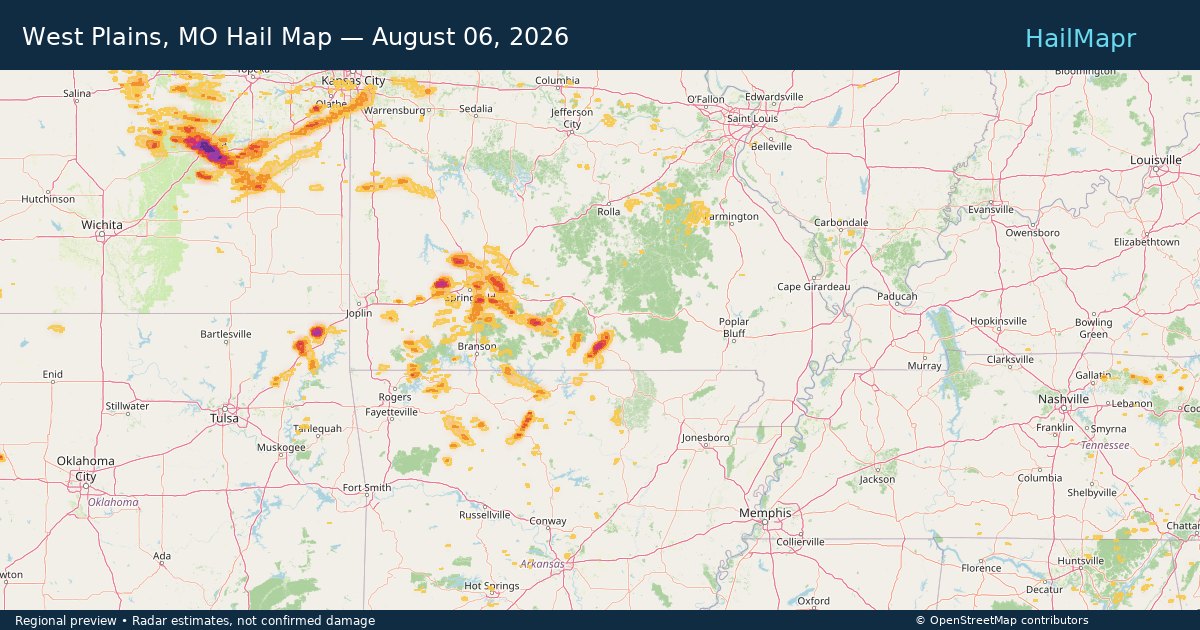 West Plains, MO Hail Map — August 06, 2026 — regional heatmap and storm polygons