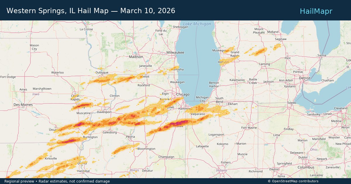 Western Springs, IL Hail Map — March 10, 2026 — regional heatmap and storm polygons