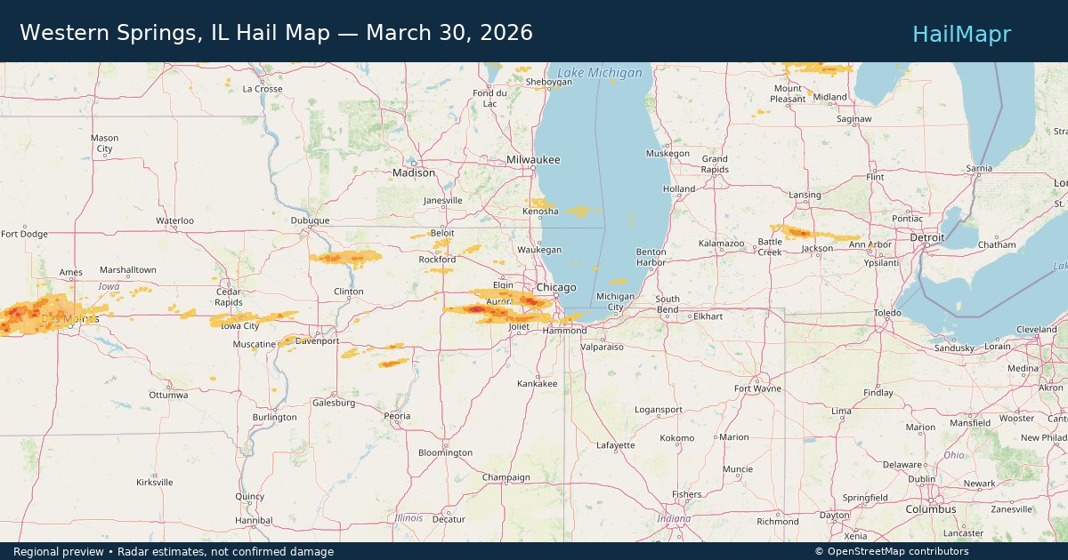 Western Springs, IL Hail Map — March 30, 2026 — regional heatmap and storm polygons