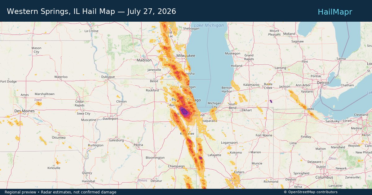 Western Springs, IL Hail Map — July 27, 2026 — regional heatmap and storm polygons