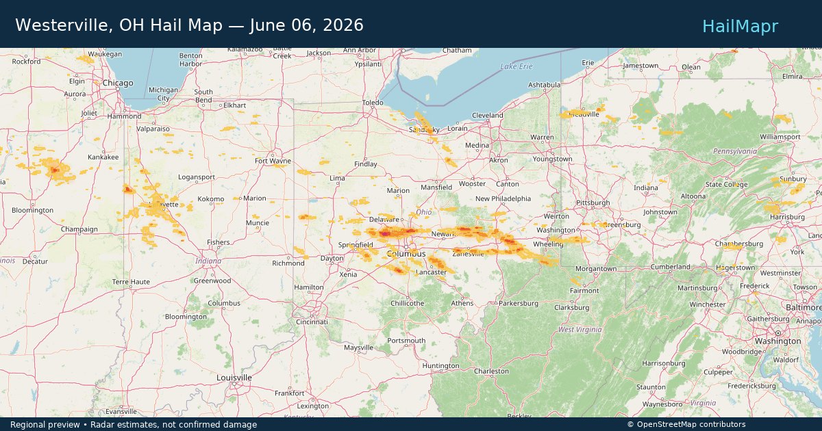 Westerville, OH Hail Map — June 06, 2026 — regional heatmap and storm polygons