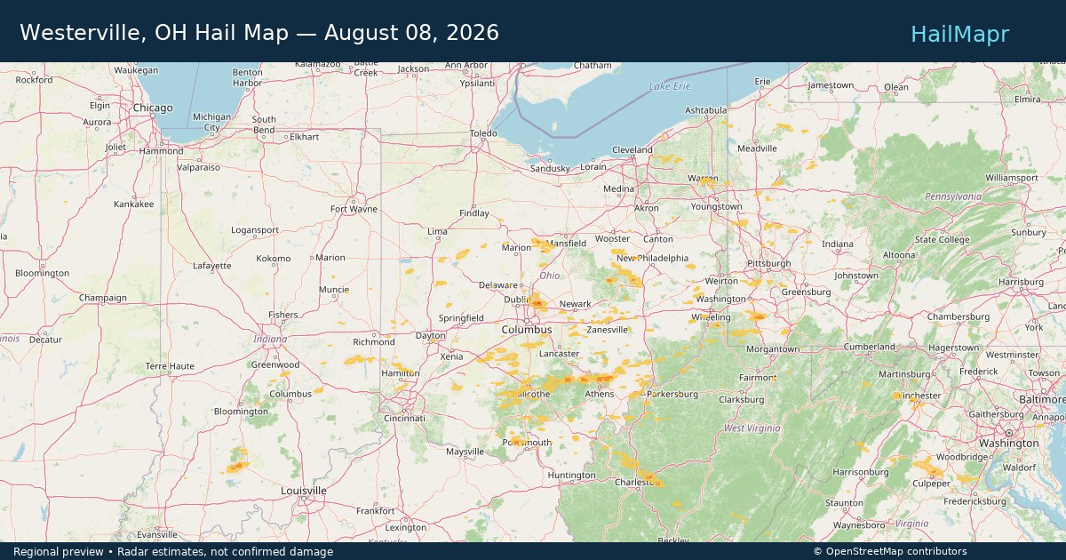 Westerville, OH Hail Map — August 08, 2026 — regional heatmap and storm polygons