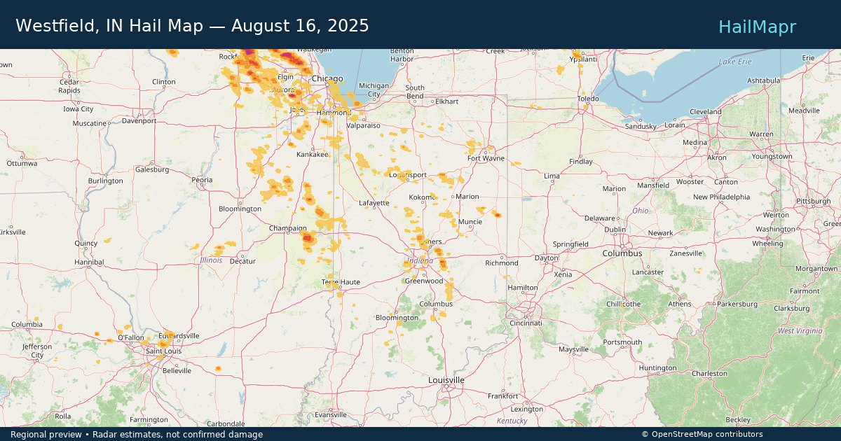 Westfield, IN Hail Map — August 16, 2025 — regional heatmap and storm polygons