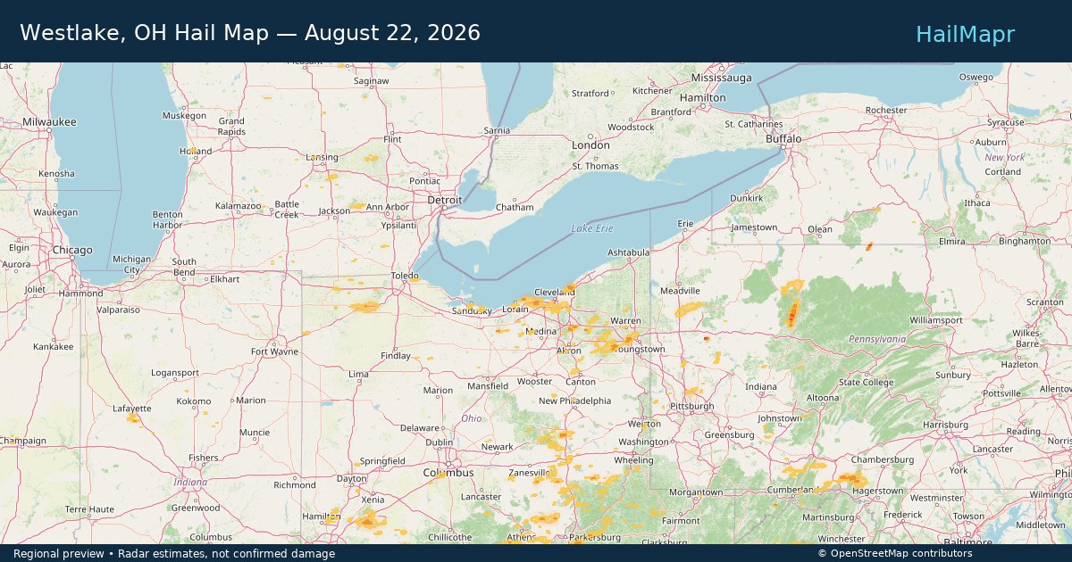 Westlake, OH Hail Map — August 22, 2026 — regional heatmap and storm polygons